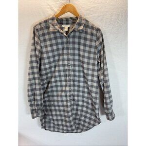 Garnet Hill size 10 Gray flannel Buffalo plaid Organic Pima Button Up‎ Tunic Top